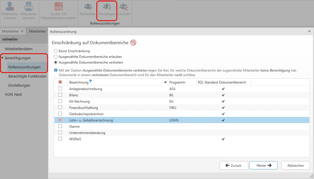 Einschränkung DB auf Mitarbeiter