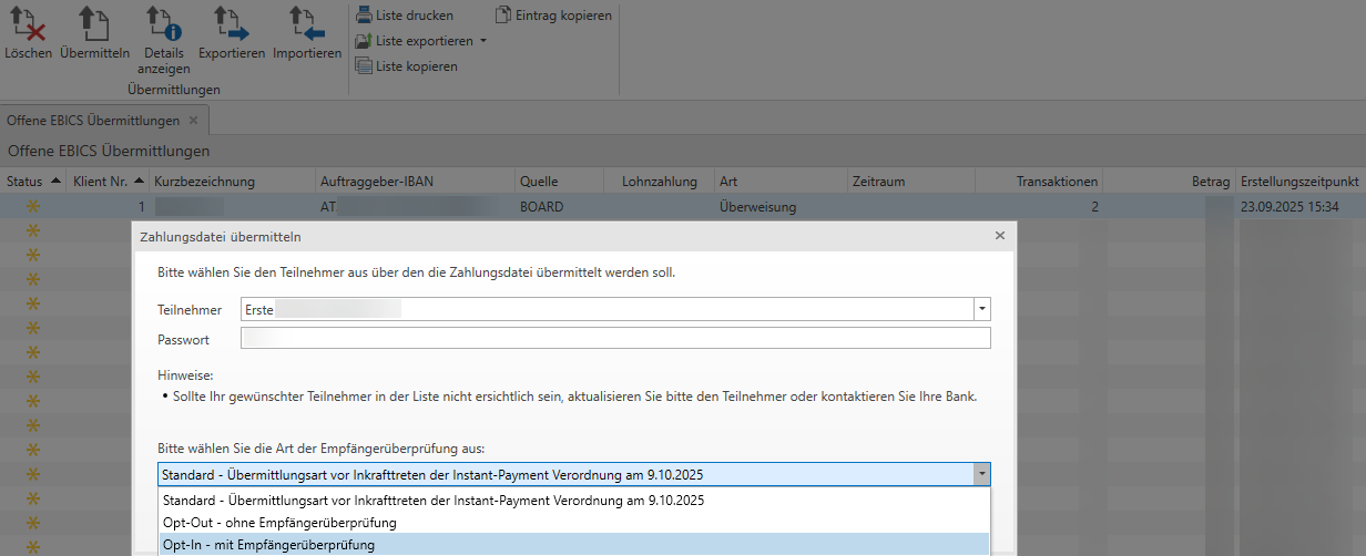 Zahlungsdatei übermitteln VoP