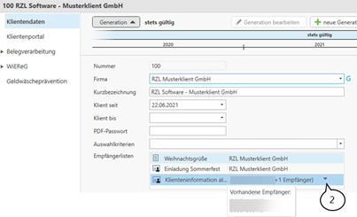 Ansicht Empfängerlisten in Klientenstammdaten