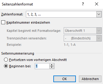Einstellungen Seitennummerierung