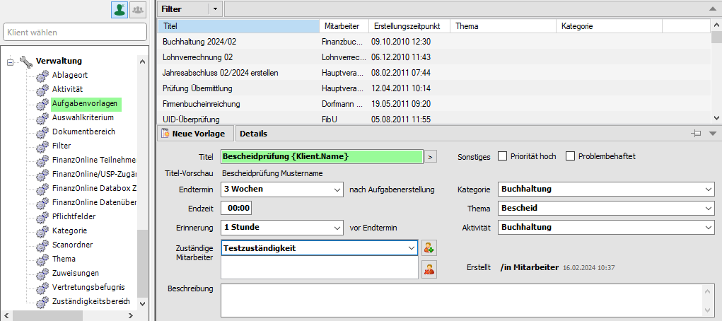 Anlage einer Aufgabenvorlage