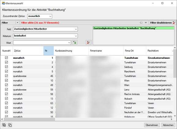 Klientenauswahl Aktivitäten