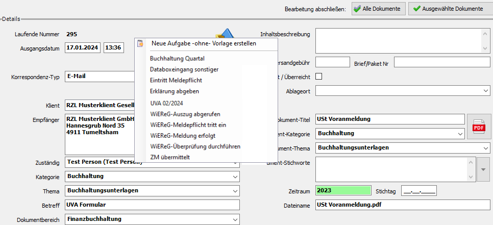 Aufgabe in Dokukmentendetails erstellen
