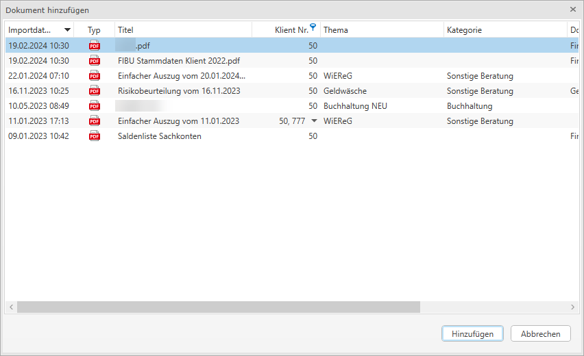 gefilterte Dokumentenliste