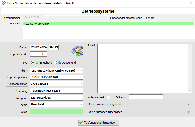 Erfassung eines Telefonats im Kanzleibereich