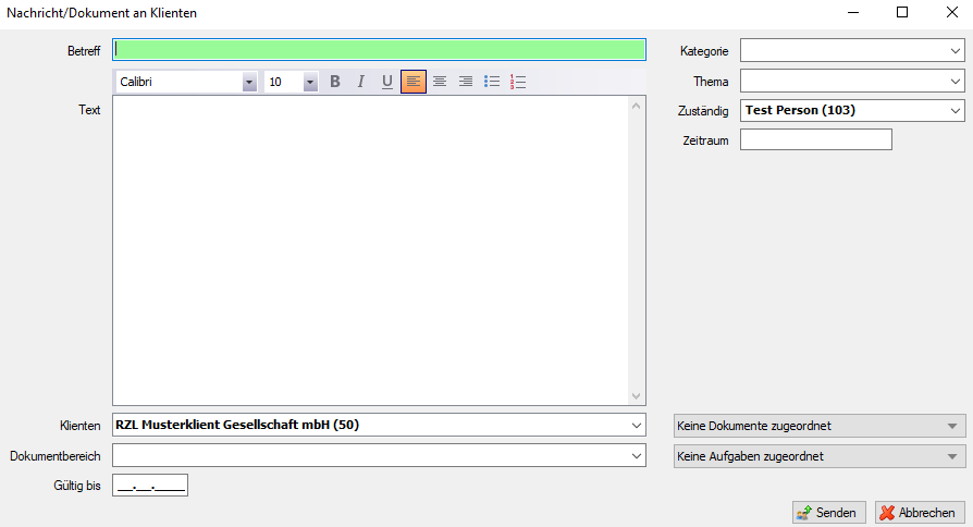 Nachricht zum Klientenportal übermitteln