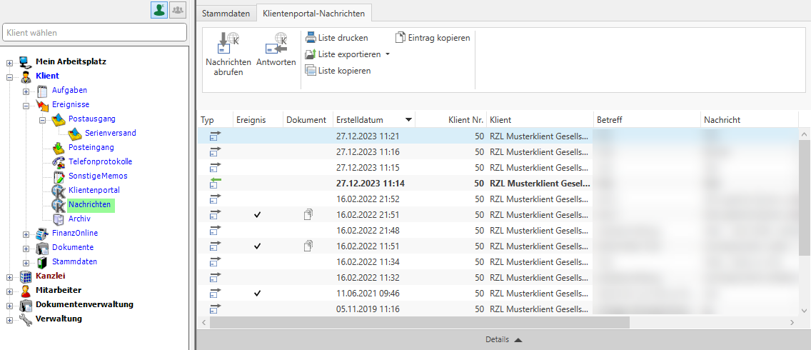 Aufruf Klientenportal Nachrichten