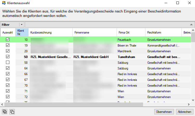 Klientenauswahl Abruf Veranlagungsbescheide