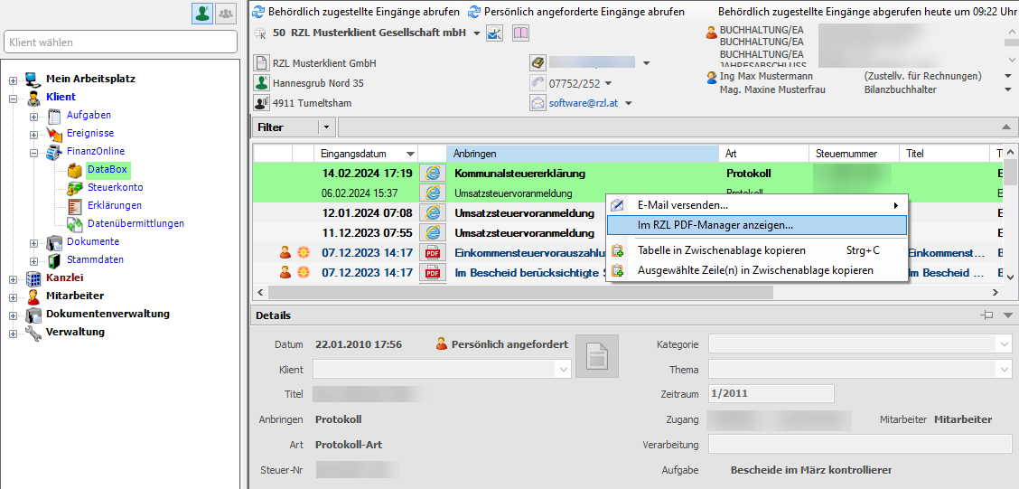 Versenden von Databox-Eingängen