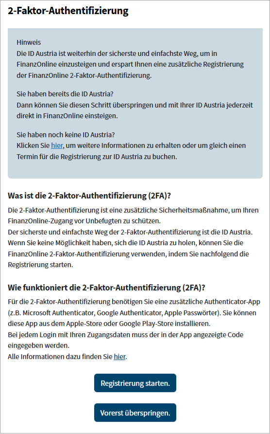2FA Registrierung starten nach Anmeldung
