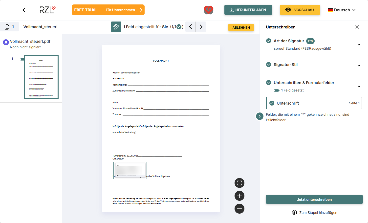 Ansicht für Klient sproof