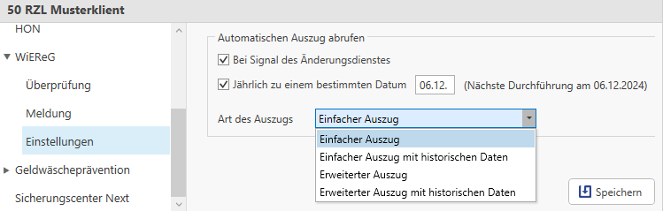Art des Auszugs hinterlegen