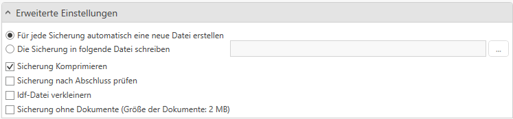 Datensicherung erstellen - erweiterte Einstellungen