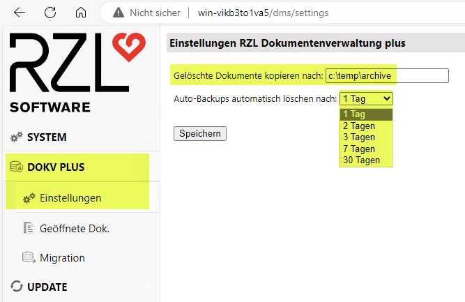 Dokumentenverwaltung Plus Einstellung für gelöschte Dokumente