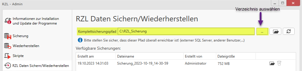 Komplettsicherungspfad Verzeichnis wählen