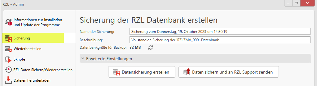 Sicherung der RZL-Datenbank erstellen
