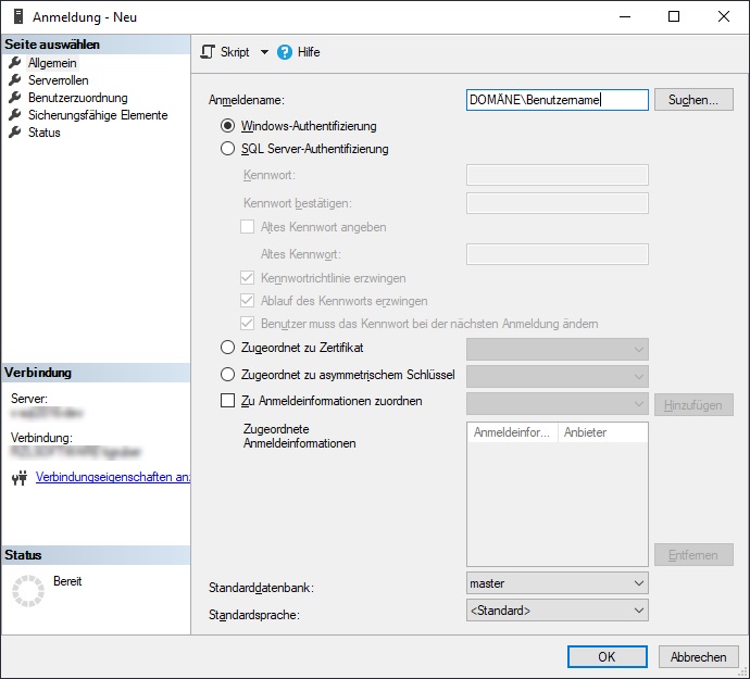 SQL Server Management Studio - Dialog Anmeldung - Neu